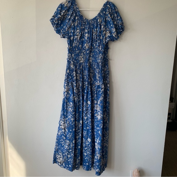 Doen Leanne Cotton Shirred Smocked Midi Maxi Dress Jardins De La Fontaine Blue - Picture 10 of 12